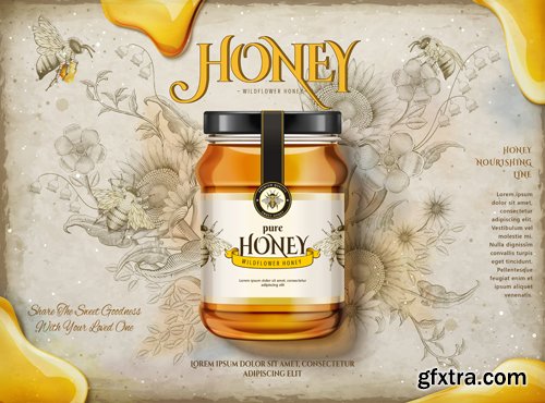 Wildflower honey ads, delicious honey dripping from top with glass jar in 3d illustration, retro flowers elements in etching shading style