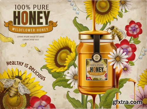 Wildflower honey ads, delicious honey dripping from top with glass jar in 3d illustration, retro flowers elements in etching shading style