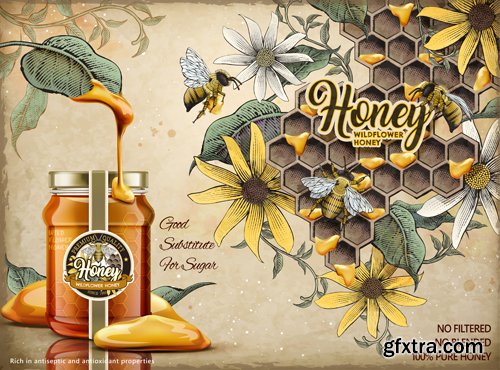 Wildflower honey ads, delicious honey dripping from top with glass jar in 3d illustration, retro flowers elements in etching shading style