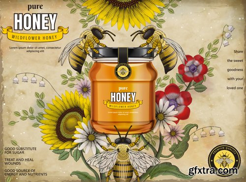 Wildflower honey ads, delicious honey dripping from top with glass jar in 3d illustration, retro flowers elements in etching shading style