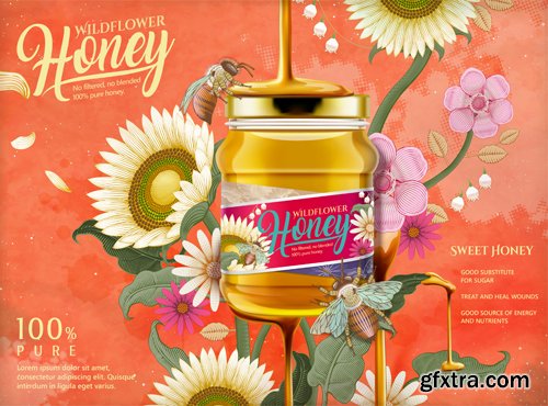 Wildflower honey ads, delicious honey dripping from top with glass jar in 3d illustration, retro flowers elements in etching shading style