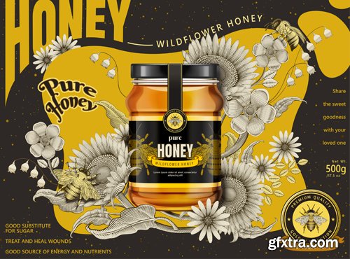 Wildflower honey ads, delicious honey dripping from top with glass jar in 3d illustration, retro flowers elements in etching shading style