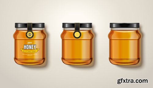 Wildflower honey ads, delicious honey dripping from top with glass jar in 3d illustration, retro flowers elements in etching shading style