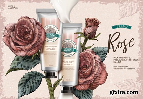 Rose hand cream ads in 3d vector illustration