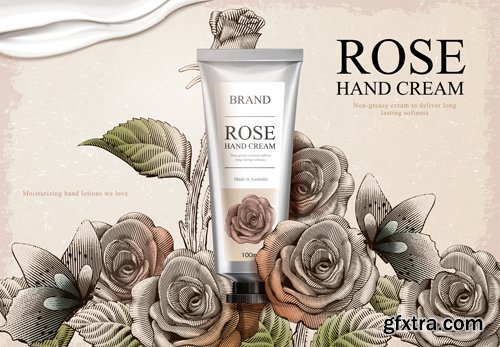 Rose hand cream ads in 3d vector illustration