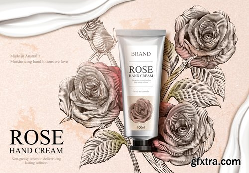 Rose hand cream ads in 3d vector illustration