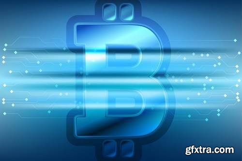 Blue technology background with bitcoin emblem