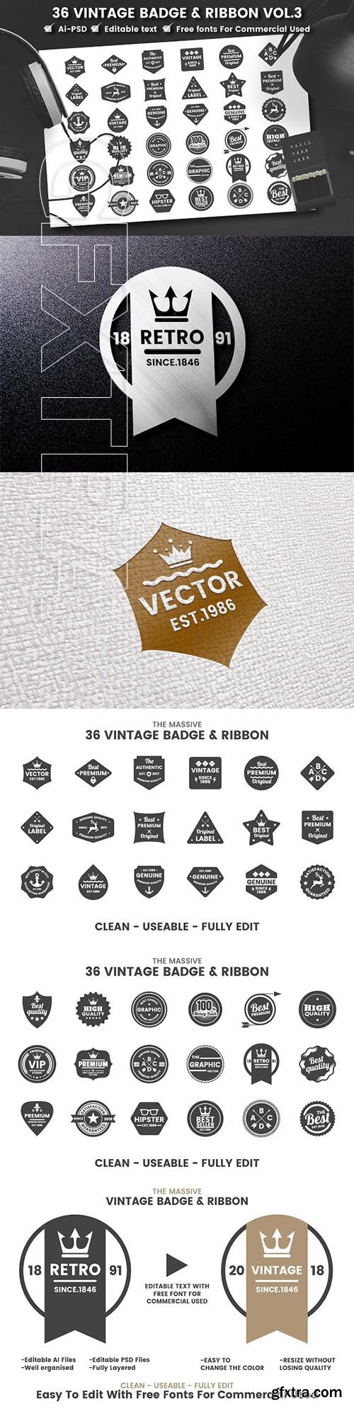 CreativeMarket - 36 VINTAGE BADGE & RIBBON Vol.8 2287033