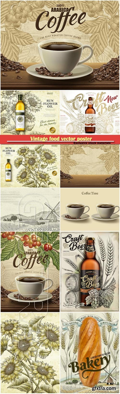 Vintage food vector poster, coffee,  bakery, oil, beer