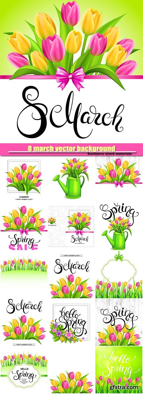 8 march background with handwritten calligraphy lettering and tulips bouquet