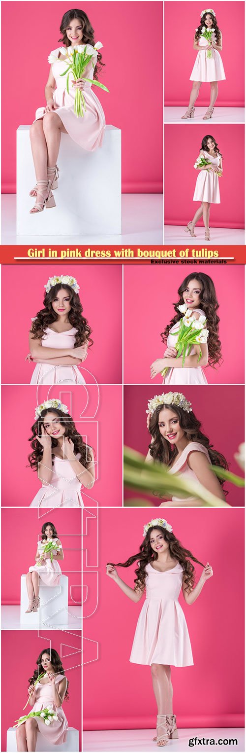 Girl in pink dress with bouquet of tulips