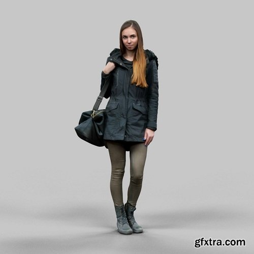 Girl in warm coat wearing bag VR / AR / low-poly 3D model