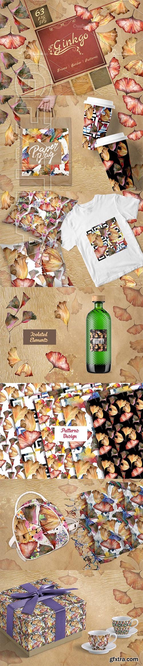 CreativeMarket - Ginkgo leaves PNG watercolor set 2313266