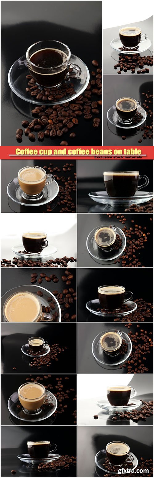 Coffee cup and coffee beans on table