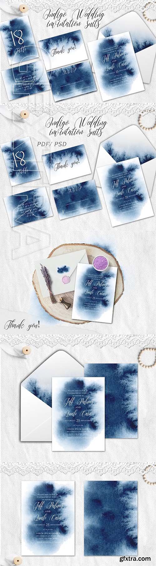 CreativeMarket - Indigo Watercolor Wedding Invitation 2313871