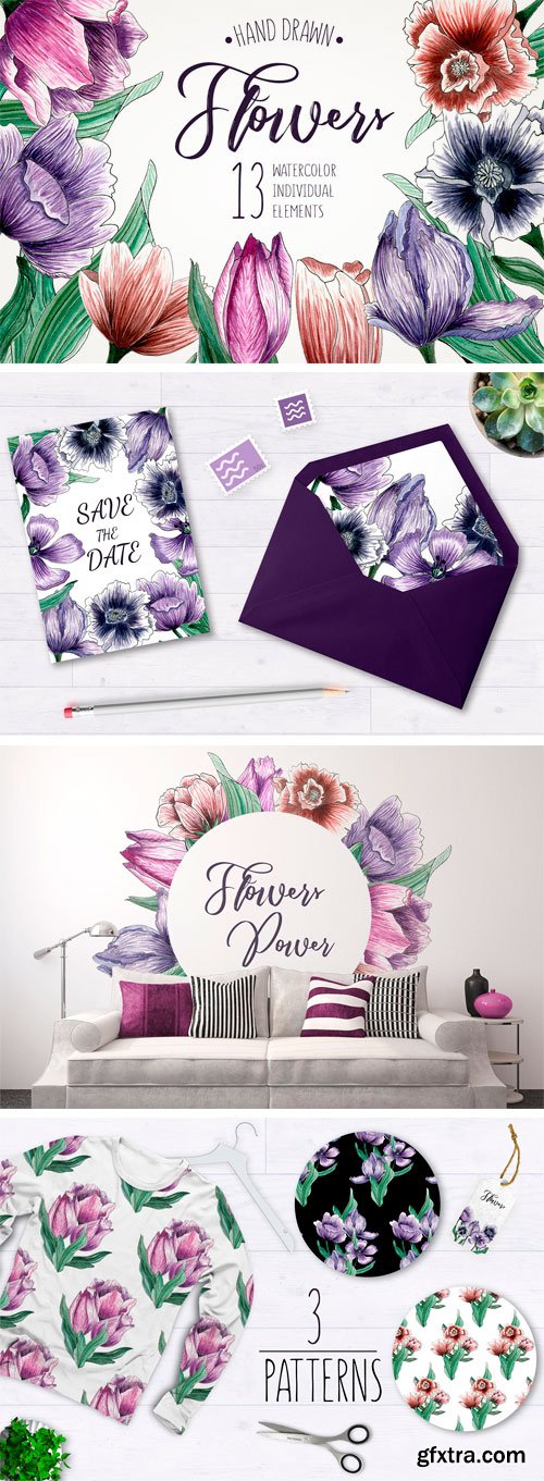 CM - Hand Drawn Watercolor Flowers + BONUS! 2259650