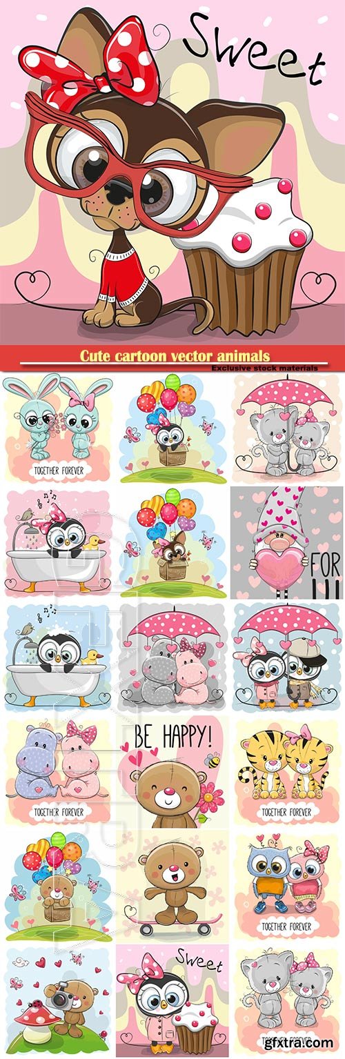 Cute cartoon vector animals, owls, puppy, bear, tigers