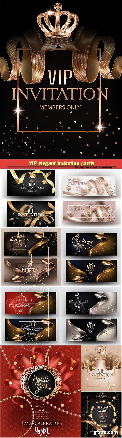 VIP elegant invitation cards with gold ribbons, pattern, crown and  frame and gold dust