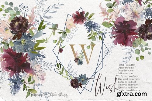 CM - Wish Bordo Blue Watercolor Flowers 2301333