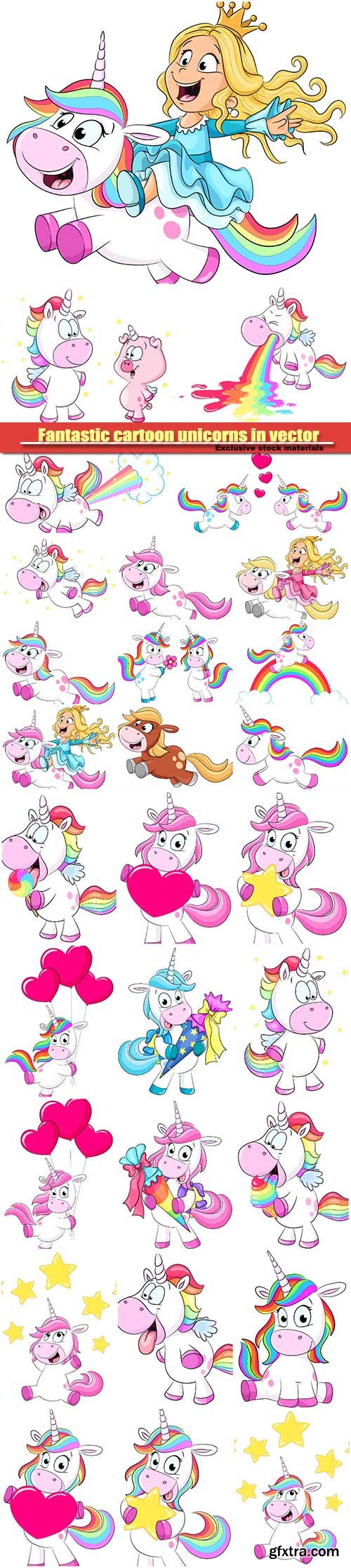 Fantastic cartoon unicorns in vector