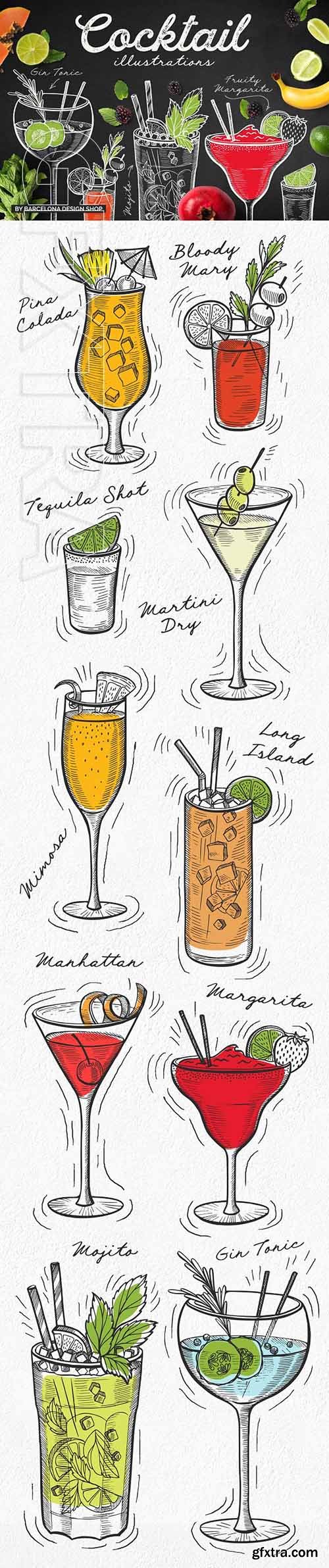 CreativeMarket - Alcohol Cocktails Hand-Drawn Graphic 2313043