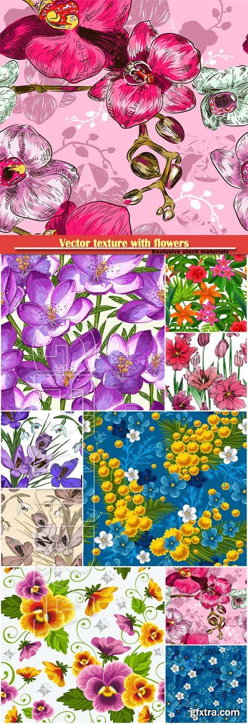 Seamless pattern with flowers, crocus, violets, forget-me, orchid