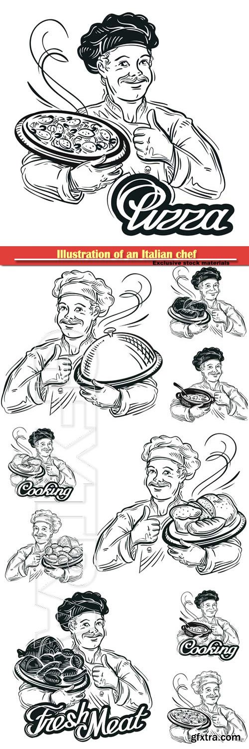 Illustration of an italian chef with a freshly baked pizza, bread, hand-drawn sketch