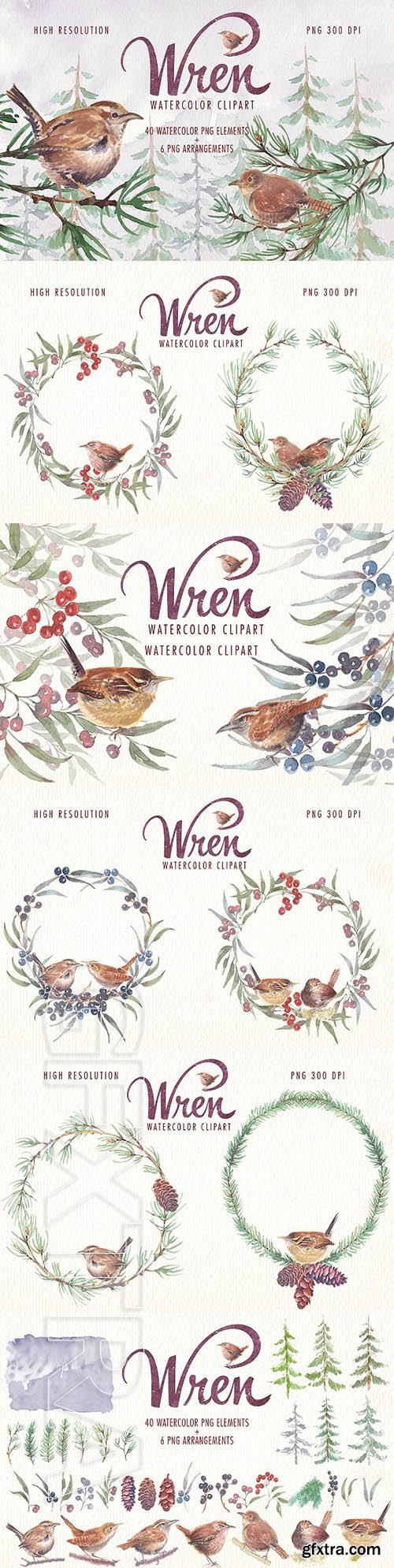 CreativeMarket - Watercolor wren bird clipart set 2334964