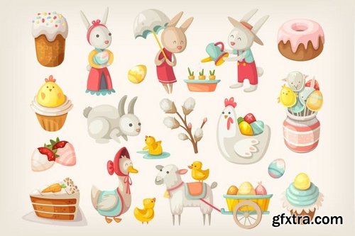 Easter characters, animals and food