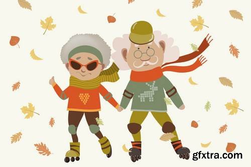 Cartoon active old couple