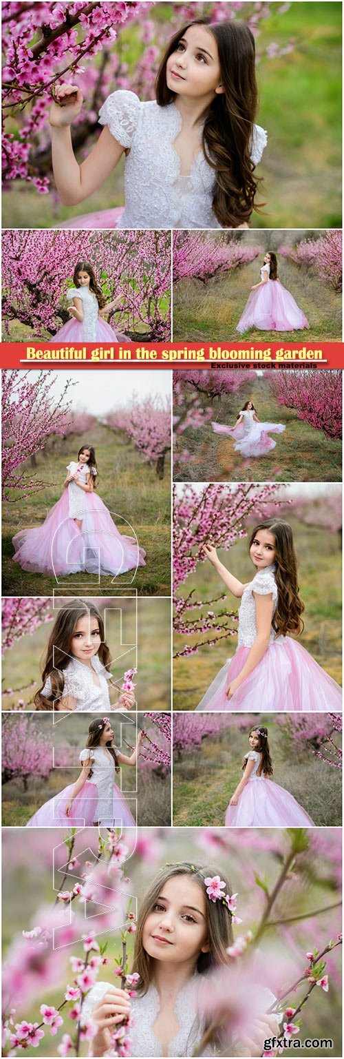 Beautiful girl in the spring blooming garden