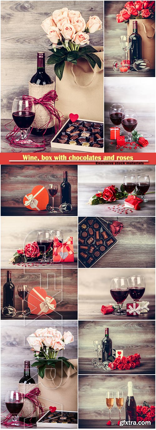 Wine, box with chocolates and roses