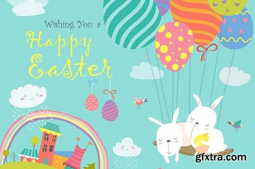 Easter bunnies and Easter chicken with  easter egg Vector illustration