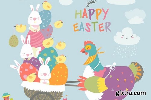 Easter bunnies and Easter chicken with  easter egg Vector illustration