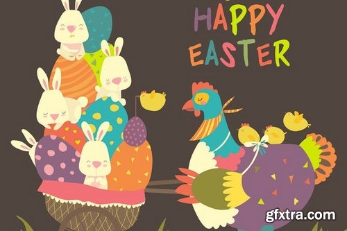 Easter bunnies and Easter chicken with  easter egg Vector illustration