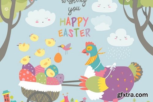 Easter bunnies and Easter chicken with  easter egg Vector illustration