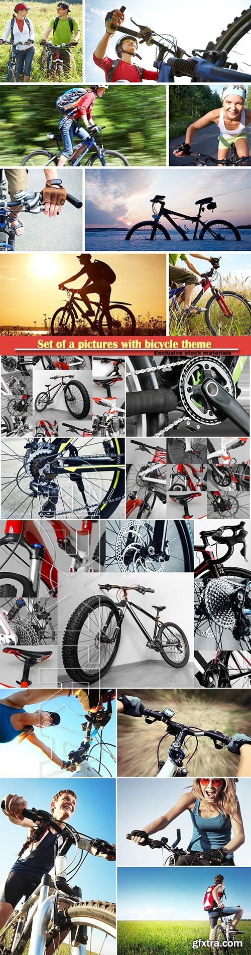 Set of a pictures with bicycle theme, bicycle, wheel, handlebar, saddle, gear, chain