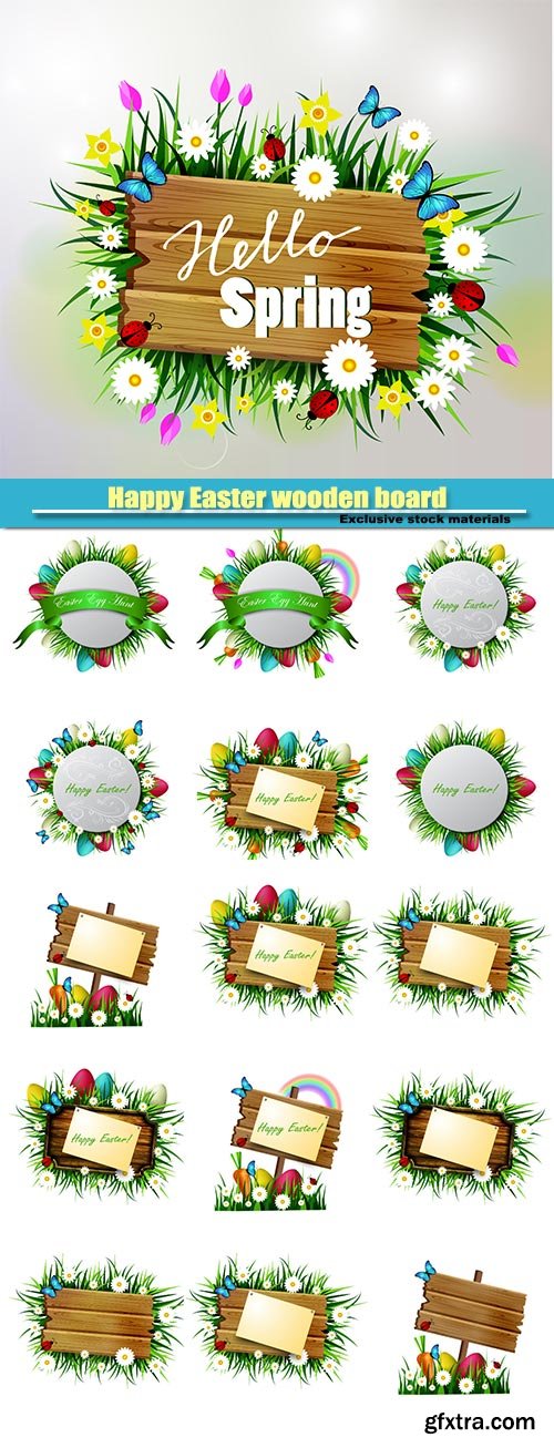 Happy Easter wooden board, flowers blue butterflyes, easter eggs, spring wooden board