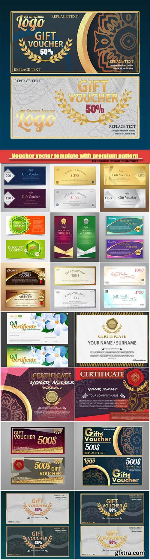 Voucher vector template with premium vintage pattern