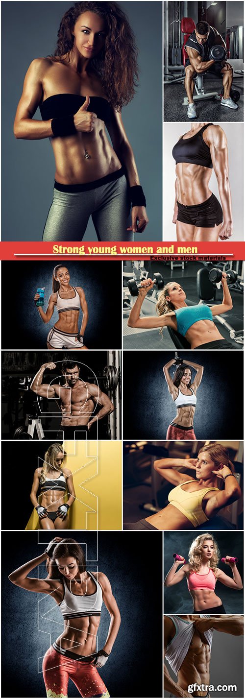 Strong young women and men exercising with dumbbells in gym