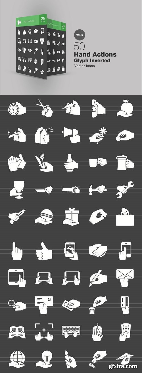 50 Hand Actions Glyph Inverted Icons