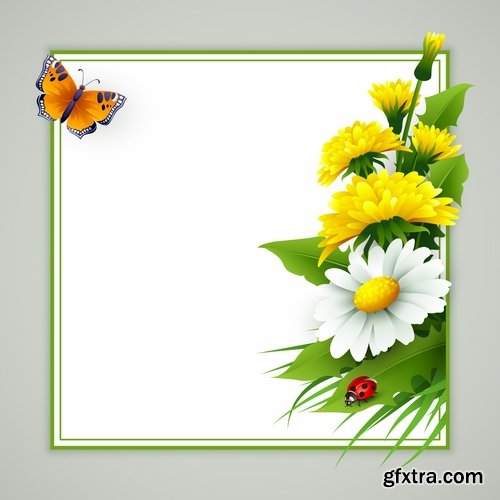 Daisy dandelion tulip flower petal spring flyer banner frame bekraund 25 EPS