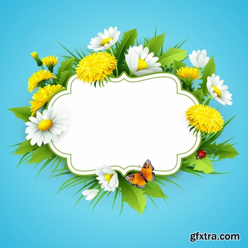 Daisy dandelion tulip flower petal spring flyer banner frame bekraund 25 EPS