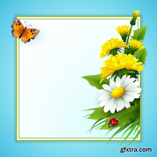 Daisy dandelion tulip flower petal spring flyer banner frame bekraund 25 EPS