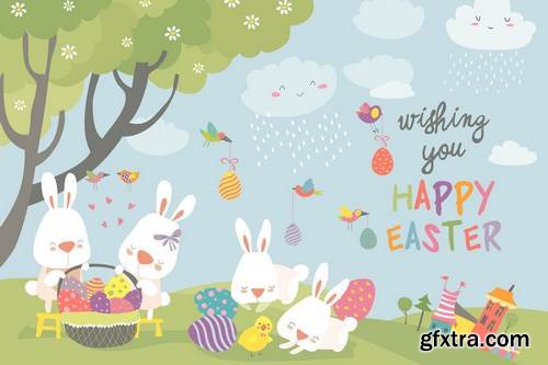 Easter bunnies and easter egg. Vector illustration