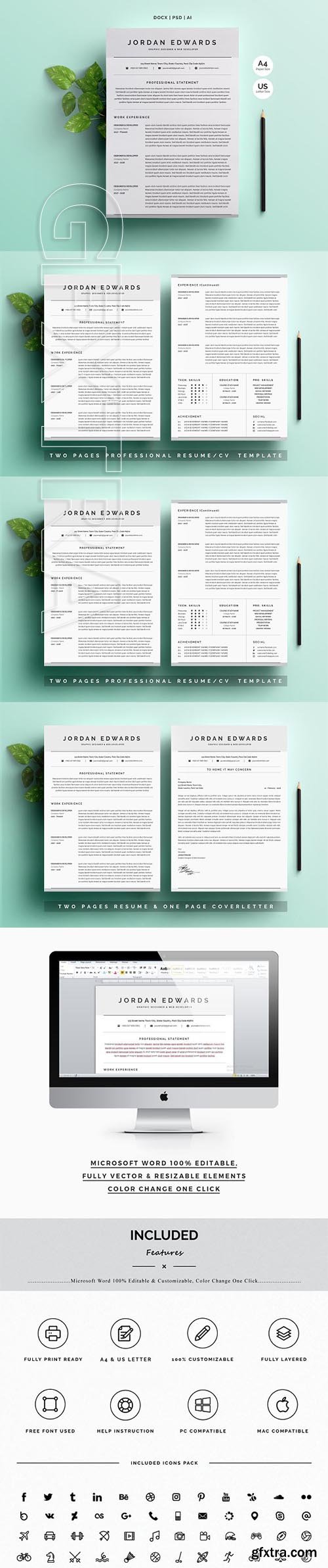 CreativeMarket - Clean Word Resume Template 4 Pages 2348034