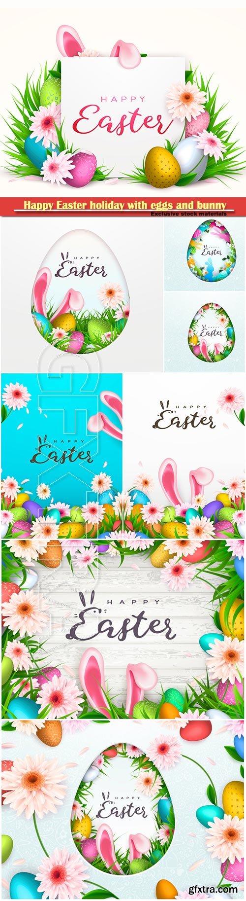 Happy Easter holiday with eggs and bunny, vector illustration # 5