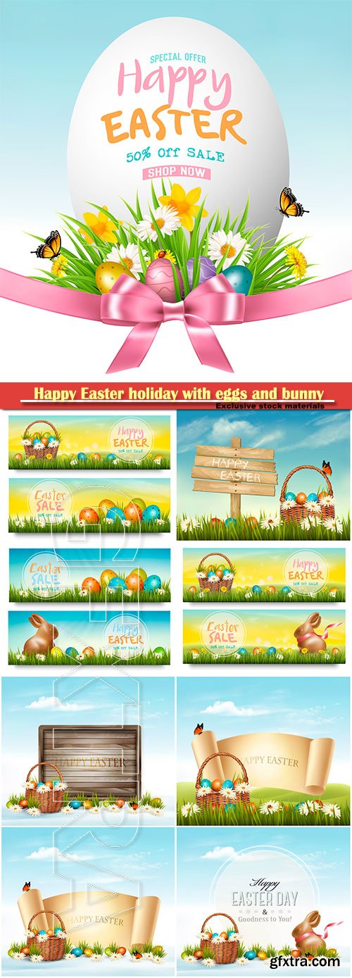 Happy Easter holiday with eggs and bunny, vector illustration # 14