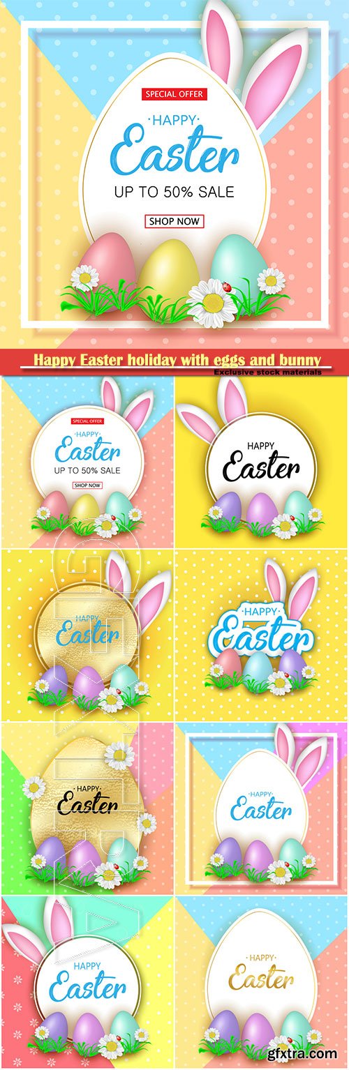 Happy Easter holiday with eggs and bunny, vector illustration # 13