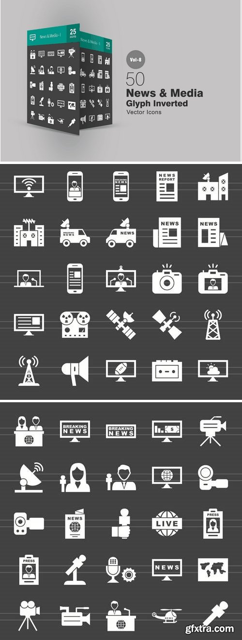 50 News & Media Glyph Inverted Icons